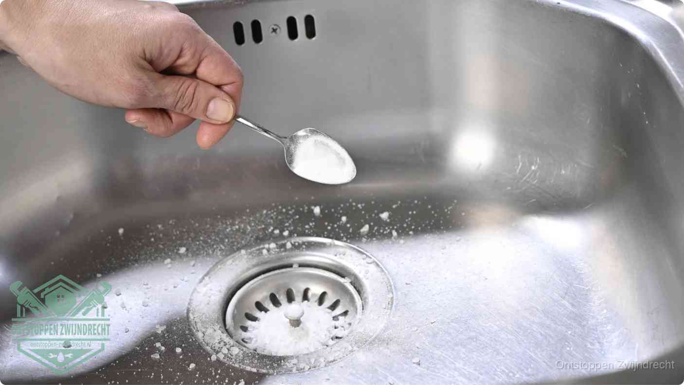 Een hand strooit met een lepel soda in de afvoer van een roestvrijstalen spoelbak, de soda en azijn huismiddel-methode om de afvoer te ontstoppen in Zwijndrecht