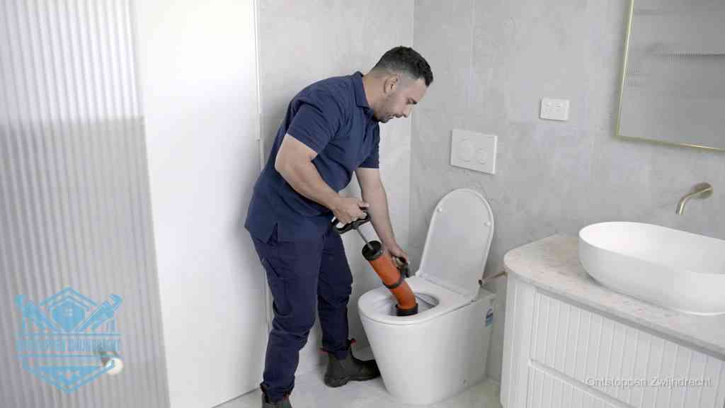 Een monteur buigt over een wandcloset en duwt met de hand een persluchtontstopper in de toiletpot om de verstopping handmatig los te maken in Zwijndrecht