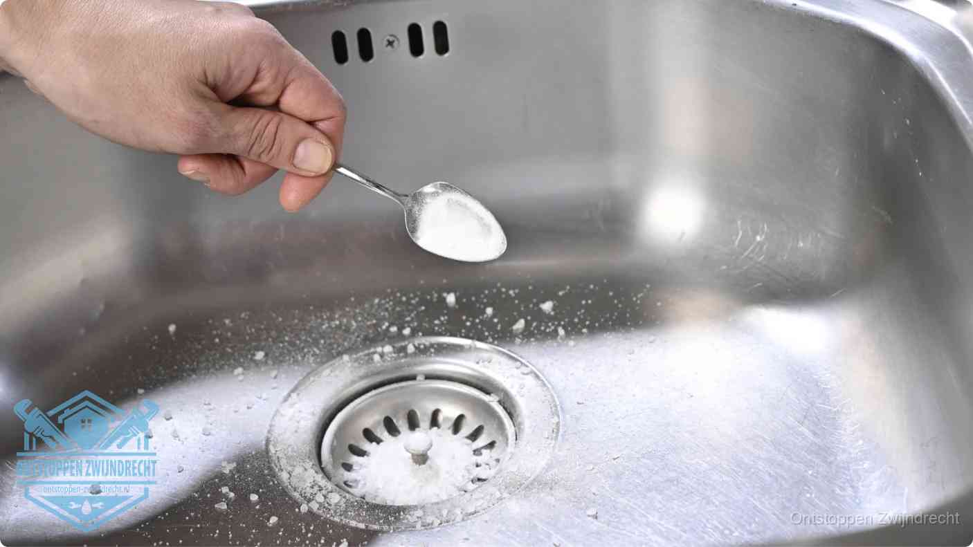 Een hand strooit met een lepel soda in een afvoerputje, de soda en azijn huismiddel-methode om de wc te ontstoppen in Zwijndrecht