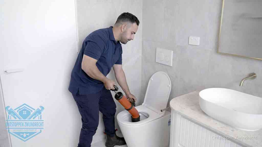 Een monteur gebruikt een handmatige perspomp (toiletontstopper) op een wandcloset tijdens het professioneel wc ontstoppen in Zwijndrecht
