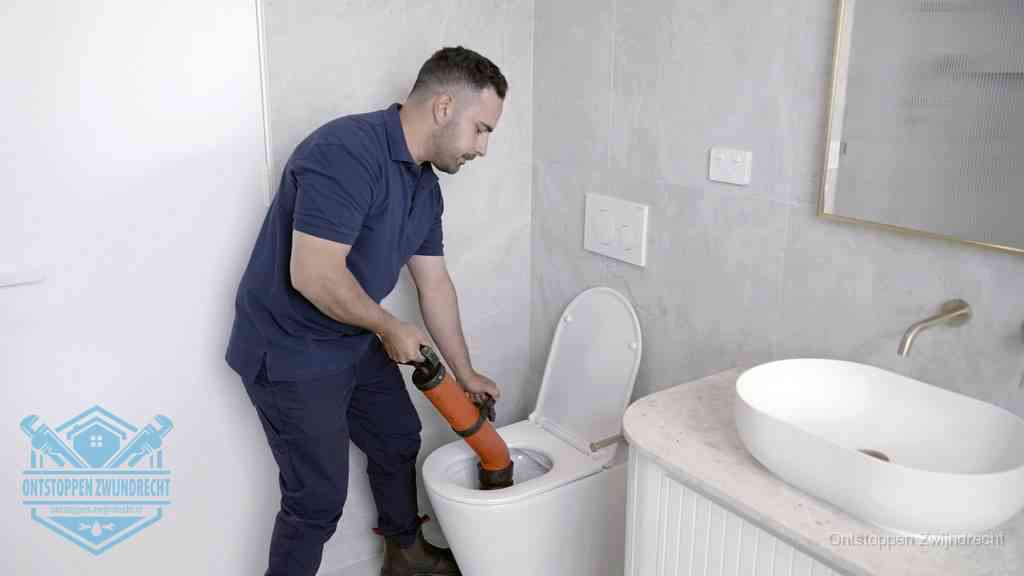 Een man gebruikt een handmatige luchtdruk-ontstopper in een modern betegeld toilet om zelf de wc te ontstoppen in Zwijndrecht